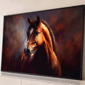 Quadro Decorativo Grande Cavalo Luz Dourada para Sala Marrom | quadros decorativos para sala | retrato de cavalo castanho com mancha branca no focinho e luz dourada lateral | Porao dos Quadros