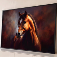 Quadro Decorativo Grande Cavalo Luz Dourada para Sala Marrom - Borda Infinita / 65x100cm