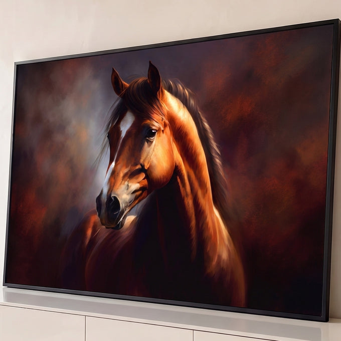 Quadro Decorativo Grande Cavalo Luz Dourada para Sala Marrom | quadros decorativos para sala | retrato de cavalo castanho com mancha branca no focinho e luz dourada lateral | Porao dos Quadros