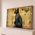 Quadro Decorativo Grande Gato Egípcio para Sala Preto | quadros decorativos para sala | gato preto egípcio com colar colorido sentado em fundo de papiro com hieróglifos | Porao dos Quadros