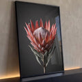 Quadro Decorativo Grande Flores Proteia para Sala Rosa | quadros decorativos para sala | close de flor de proteia rosa com centro texturizado sobre fundo cinza escuro | Porao dos Quadros