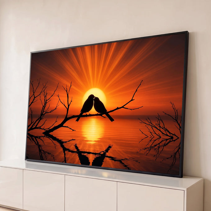Casal de pássaros em silhueta num galho seco e pôr do sol laranja refletido no lago, quadro decorativo