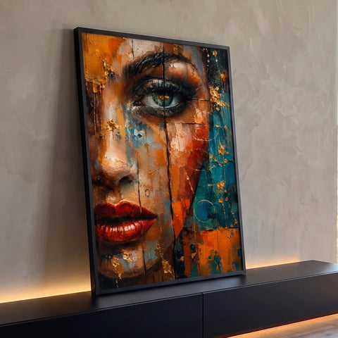 Rosto de mulher com olho verde e lábios vermelhos em óleo laranja, azul e dourado, quadro decorativo