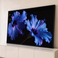 Quadro Decorativo Grande Hibiscos Azuis Azul para Sala | quadros decorativos para sala | duas flores de hibisco azul e roxo em foto macro sobre fundo preto | Porao dos Quadros