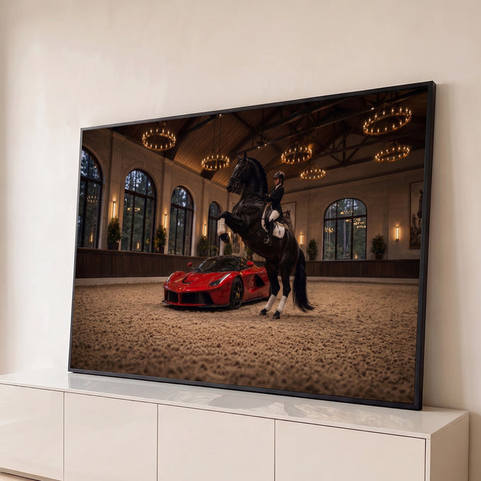 Cavalo preto empinado com amazona e carro esportivo vermelho em picadeiro com lustres, quadro decorativo