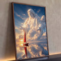 Quadro Decorativo Grande Jesus Cristo Nuvens para Sala Azul | quadros decorativos para sala | nuvens formando a figura de Jesus Cristo sobre mar com veleiro de vela vermelha | Porao dos Quadros