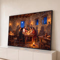 Jesus partindo o pão com os apóstolos em sala de pedra à luz de velas e lua cheia, quadro decorativo