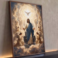 Quadro Decorativo Grande Jesus Cristo Anjos para Sala | quadros decorativos para sala | Jesus Cristo de braços abertos cercado por anjos orando e uma pomba branca em nuvens douradas | Porao dos Quadros