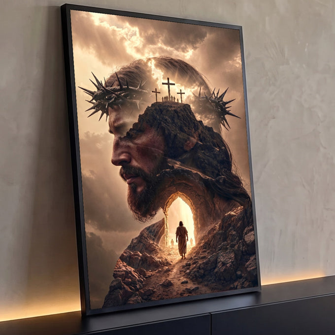 Quadro Decorativo Grande Jesus Crucificação para Sala Marrom | quadros decorativos para sala | rosto de Jesus com coroa de espinhos fundido a montanha com três cruzes e túmulo | Porao dos Quadros