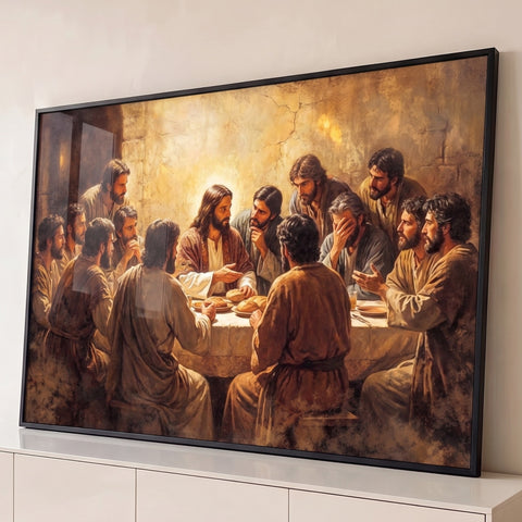 Jesus com auréola e os apóstolos à mesa com pães na Santa Ceia em tons terrosos, quadro decorativo