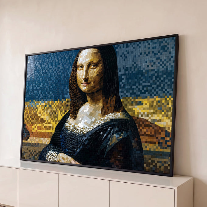Quadro Decorativo Grande Mona Lisa em Mosaico para Sala Azul | quadros decorativos para sala | retrato de mulher em mosaico de azulejos azuis e dourados, estilo Mona Lisa | Porao dos Quadros