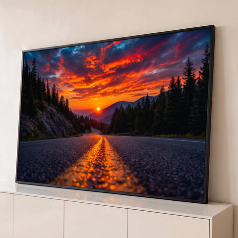 Estrada de montanha entre pinheiros rumo ao pôr do sol com céu laranja e vermelho, quadro decorativo