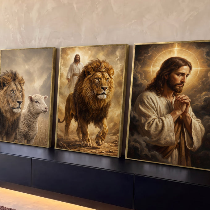 Quadro Decorativo Kit 3 Telas Leão Coroado para Sala Dourado | quadros decorativos para sala | leão coroado, cordeiro e Jesus em oração com luz dourada e halo | Porao dos Quadros