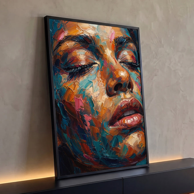 Rosto de mulher de olhos fechados em pintura a óleo com espátula laranja e azul, quadro decorativo