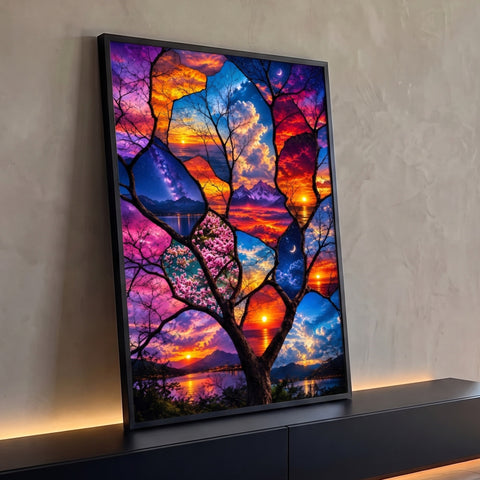 Quadro Decorativo Grande Árvore para Sala Laranja | quadros decorativos para sala | árvore com galhos emoldurando cenas de céu, pôr do sol e noite estrelada em cores vibrantes | Porao dos Quadros
