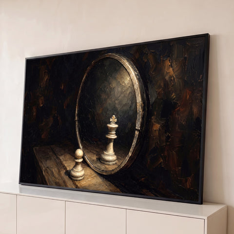 Pintura a óleo de peão de xadrez diante de espelho oval que reflete um rei, fundo escuro, quadro decorativo