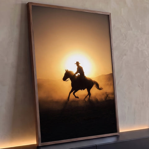 Silhueta de cowboy a galope em cavalo com poeira contra o sol dourado e montanhas, quadro decorativo
