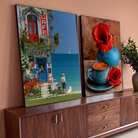 Quadro Decorativo Kit 2 Telas Café à Beira-Mar para Sala | quadros decorativos para sala | café à beira-mar com homem e cão, xícara azul de café e papoulas vermelhas | Porao dos Quadros
