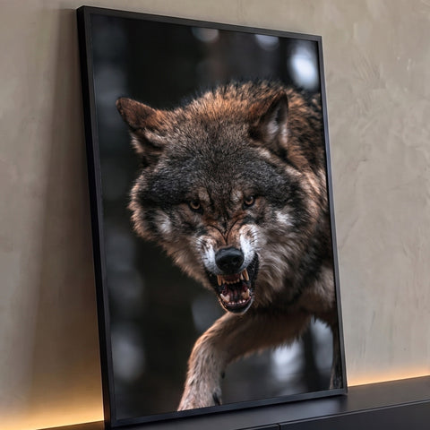 Lobo marrom rosnando em close, olhos âmbar e presas à mostra, fundo escuro desfocado, quadro decorativo