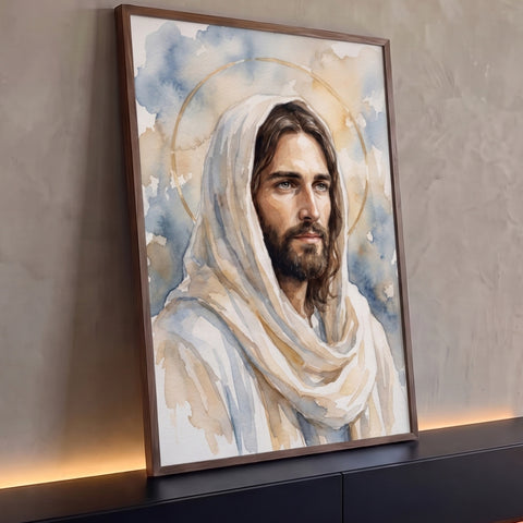 Jesus Cristo em aquarela com manto creme e auréola dourada sobre fundo azul e bege, quadro decorativo