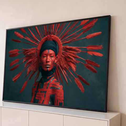 Mulher com cocar de penas vermelhas e pintura facial tribal sobre fundo escuro, quadro decorativo