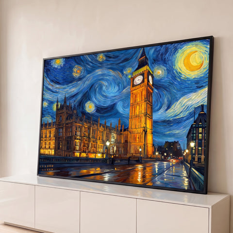 Big Ben e Parlamento de Londres sob céu azul em espiral estilo Van Gogh com lua dourada, quadro decorativo