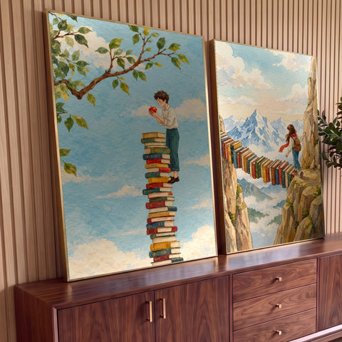 Quadro Decorativo Kit 2 Telas Infância e Jornada para Quarto | quadros decorativos para sala | menino com maçã sobre pilha de livros e menina atravessando ponte de livros nas montanhas | Porao dos Quadros