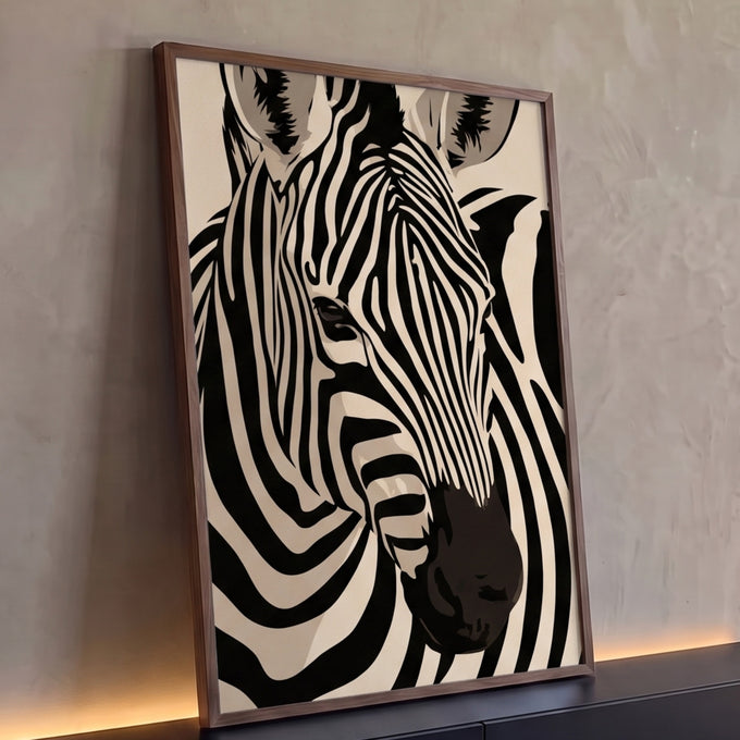 Quadro Decorativo Zebra em Close Preto e Branco Estilizado | quadros decorativos para sala | close-up de zebra em preto e branco com fundo bege claro | Porao dos Quadros