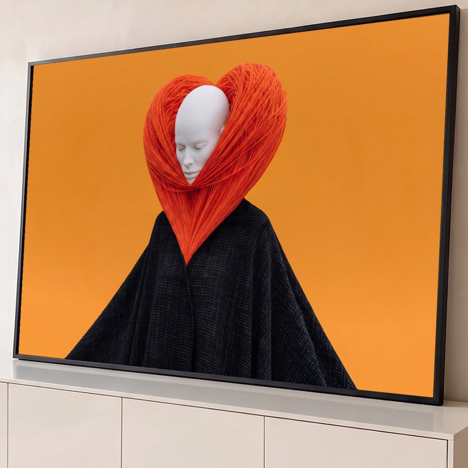 Rosto branco de olhos fechados dentro de coração de fios laranja, manto preto e fundo laranja, quadro decorativo