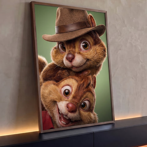 Dois esquilos realistas em 3D, um com chapéu marrom, sorrindo sobre fundo verde, quadro decorativo