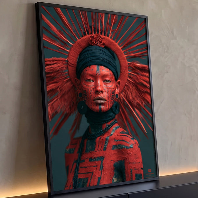 Quadro Decorativo Mulher Tribal com Pintura Vermelha e Penas | quadros decorativos para sala | mulher com pintura corporal vermelha e traços tribais pretos, coroa de penas vermelhas | Porao dos Quadros