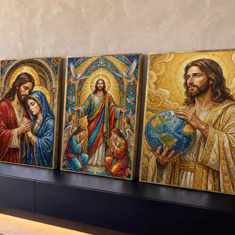 Quadro Decorativo Grande Jesus Cristo Maria para Sala | quadros decorativos para sala | Jesus Cristo em três painéis de mosaico dourado com Maria, anjos e globo terrestre | Porao dos Quadros