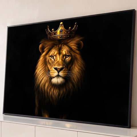 Leão de juba dourada com coroa cravejada de joias, olhar frontal sobre fundo preto, quadro decorativo