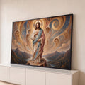 Quadro Decorativo Grande Jesus Cristo Manto Azul para Sala | quadros decorativos para sala | Jesus Cristo de mantos azul e vermelho com auréola dourada sobre montanhas | Porao dos Quadros