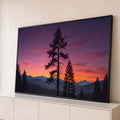 Quadro Decorativo Grande Pinheiros ao Entardecer para Sala | quadros decorativos para sala | pinheiros em silhueta contra céu roxo e laranja com montanhas e lua crescente | Porao dos Quadros