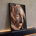 Quadro Decorativo Rosto Esculpido em Madeira com Textura | quadros decorativos para sala | rosto de madeira esculpido em perfil com rugas profundas e textura rústica sob luz quente | Porao dos Quadros