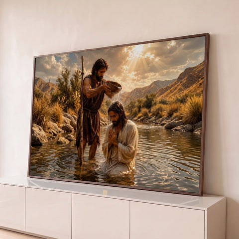 Jesus orando ajoelhado no Rio Jordão, batizado por João Batista sob raios de sol, quadro decorativo