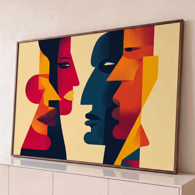 Quadro Decorativo Grande Rostos Geométricos para Sala | quadros decorativos para sala | três rostos geométricos em perfil nas cores vermelho, azul e laranja sobre fundo bege | Porao dos Quadros