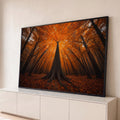 Quadro Decorativo Grande Floresta Árvores para Sala Laranja | quadros decorativos para sala | floresta de outono vista de baixo com copa densa em tons laranja e âmbar | Porao dos Quadros