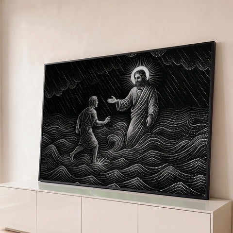 Jesus sobre as águas estende a mão a Pedro no mar agitado, pontilhismo preto e branco, quadro decorativo