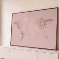 Quadro Decorativo Grande Mapa Mundi em Pontos para Sala Rosa - Borda Infinita / 65x100cm