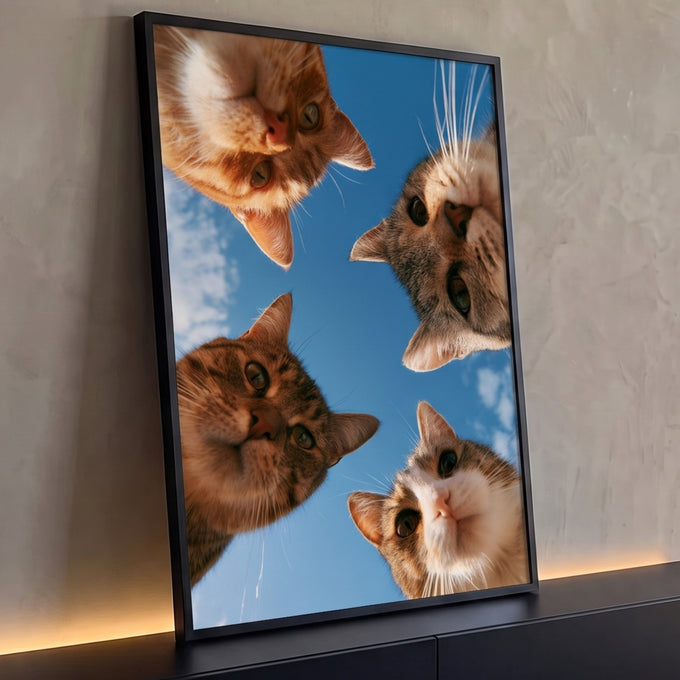 Quadro Decorativo Quatro Gatos Olhando de Baixo para o Céu | quadros decorativos para sala | quatro gatos fotografados de baixo com céu azul e nuvens ao fundo | Porao dos Quadros