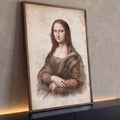 Mona Lisa desenhada em traço sépia com linhas de proporção sobre papel envelhecido bege, quadro decorativo