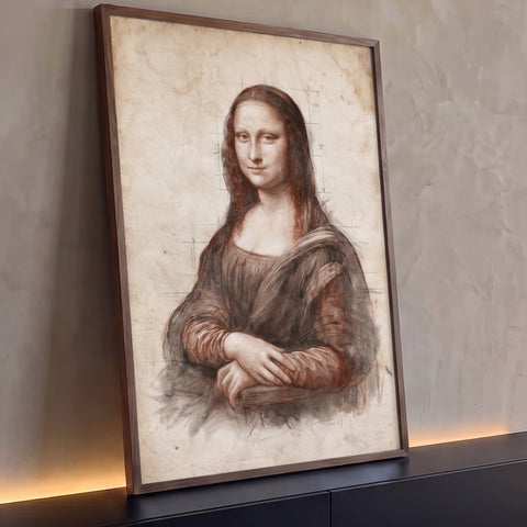 Mona Lisa desenhada em traço sépia com linhas de proporção sobre papel envelhecido bege, quadro decorativo