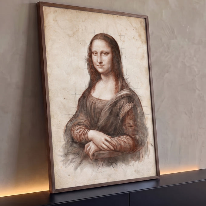 Mona Lisa desenhada em traço sépia com linhas de proporção sobre papel envelhecido bege, quadro decorativo