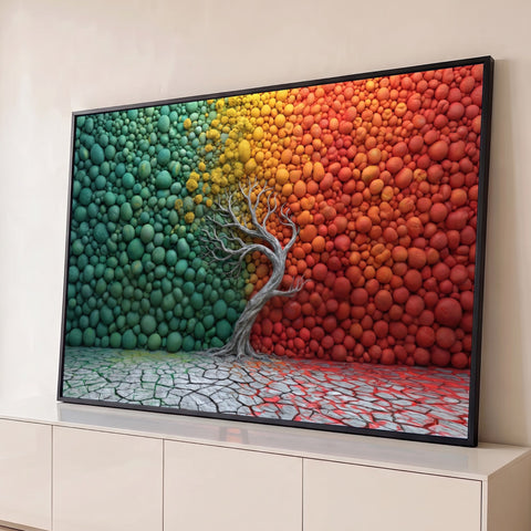 Árvore seca prateada em frente a uma parede de esferas verdes, amarelas e vermelhas, quadro decorativo