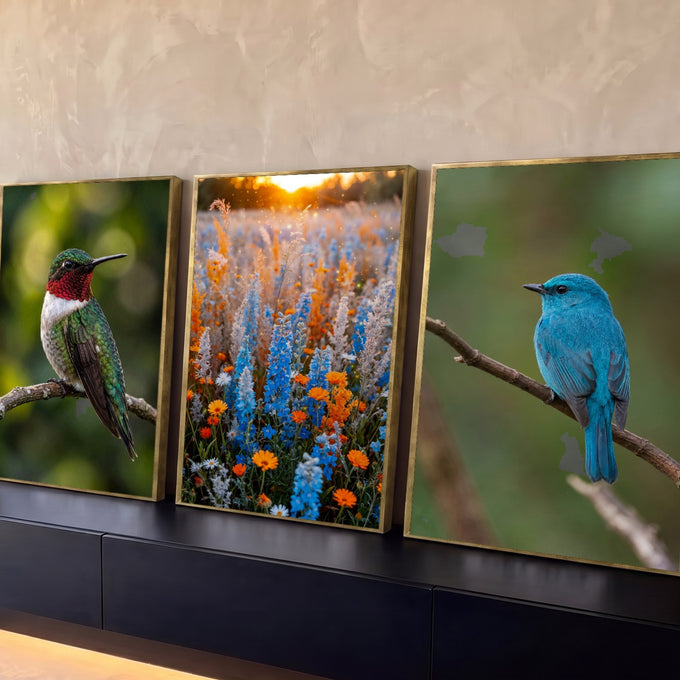 Quadro Decorativo Kit 3 Telas Beija-Flor Campo para Sala | quadros decorativos para sala | beija-flor, campo de flores coloridas e pássaro azul em três painéis naturais | Porao dos Quadros