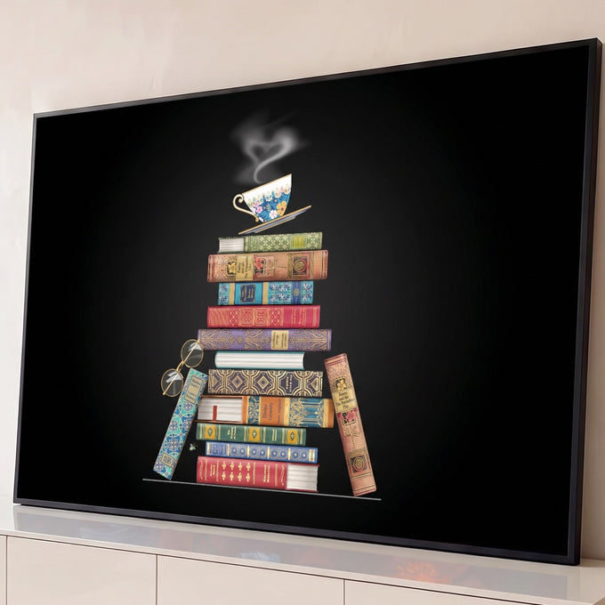Pilha de livros antigos coloridos com xícara de chá e óculos sobre fundo preto, quadro decorativo