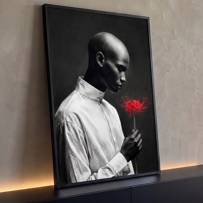 Homem negro de perfil com camisa branca segurando lírio vermelho em fundo escuro, quadro decorativo