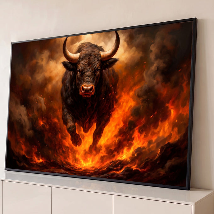Touro negro de chifres grandes correndo entre chamas laranja e fumaça, pintura dramática, quadro decorativo